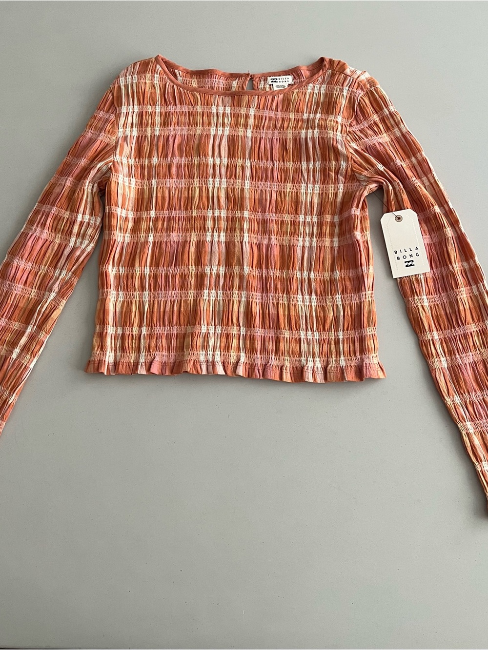 Billabong Peach & Pink plaid Long Sleeve Top M NWT fall wear